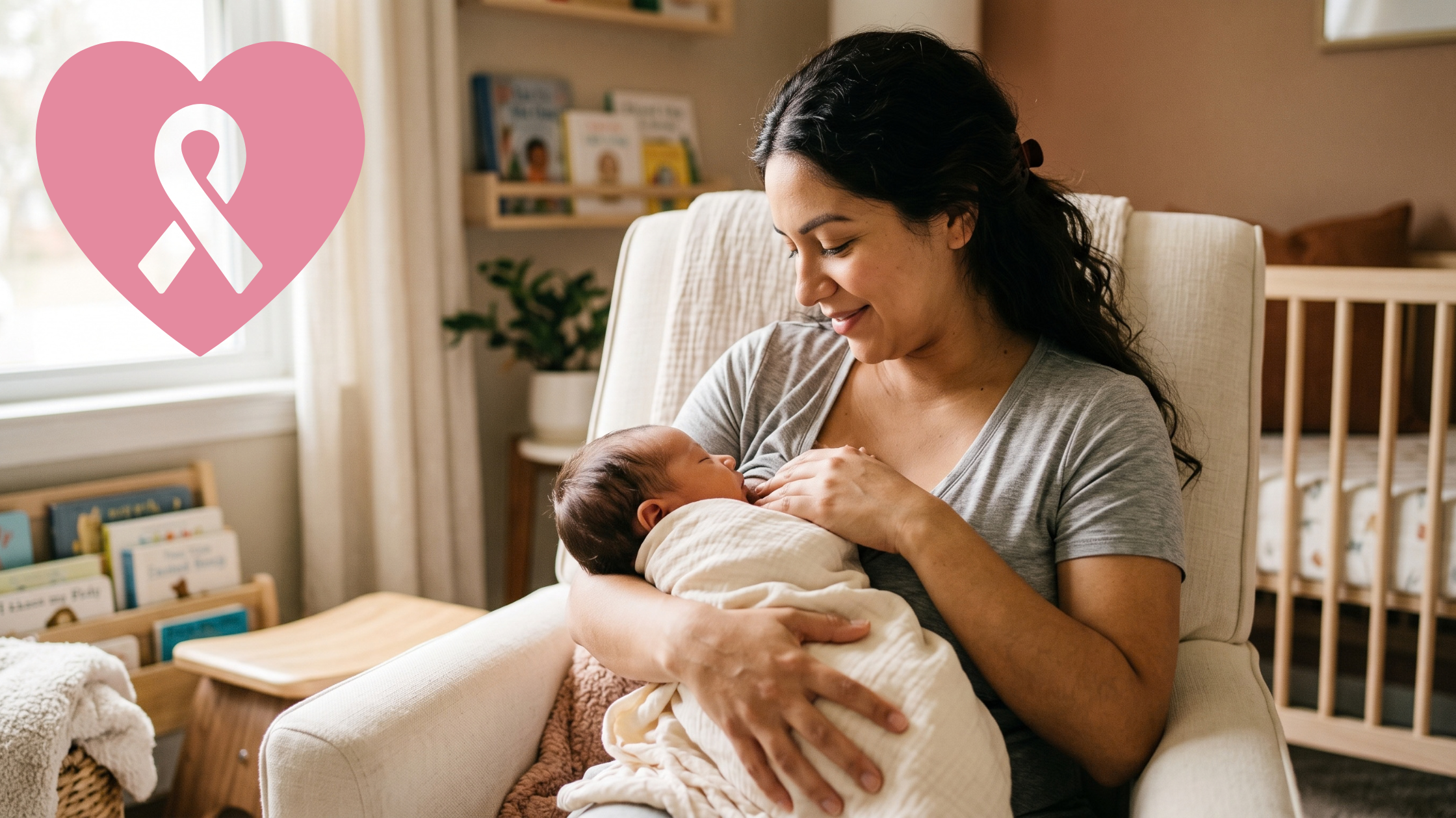 Parent holding newborn in nursery next to a breast pump, representing the link between lactation, pumping, and reduced breast cancer risk.